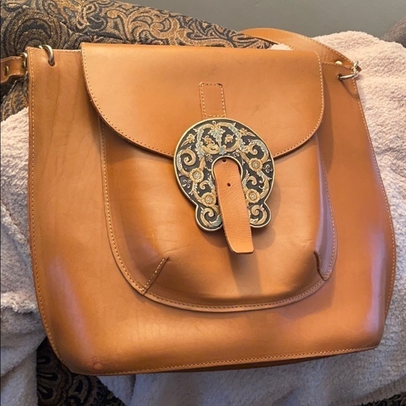 maurizio Tutti Vintage Hard Leather With Repurposed Large Enameled Crossbody - Picture 1 of 15
